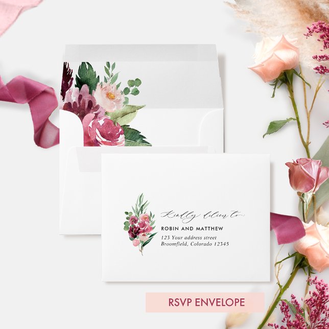 RSVP with Return Address Burgundy Pink Floral Envelope (Creator Uploaded)