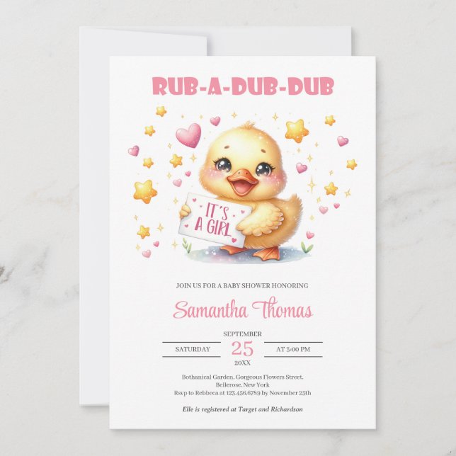 Rub a dub dub girl baby duck invitation (Front)
