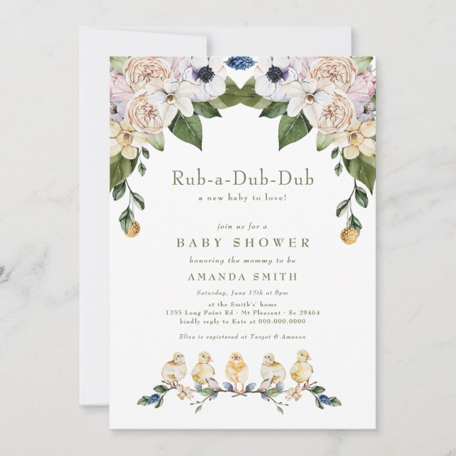 Rub-A-Dub-Dub Yellow Duck Floral Baby Shower Invitation (Front)