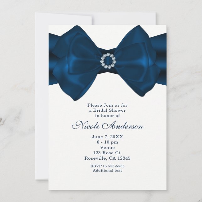 Ruban bleu et diamants Invitations de douche nupti (Devant)