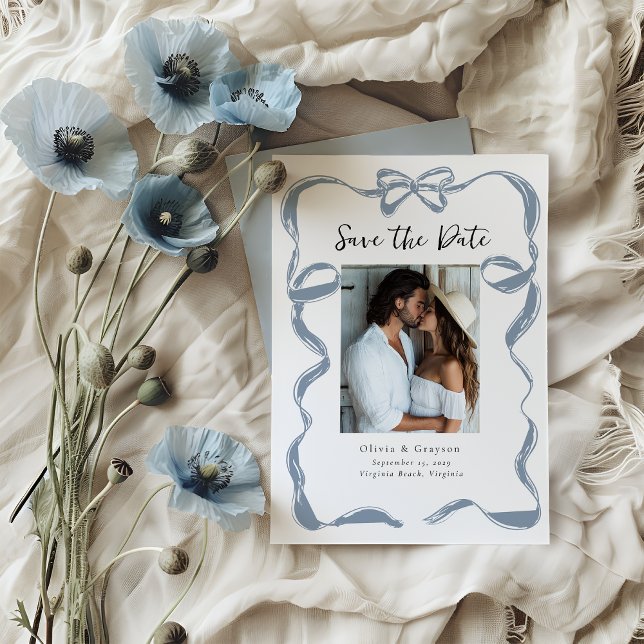 Ruban Bleu Poussiéreux Fantaisiste Save the Date  (Whimsical Dusty Blue Bow Save the Date )