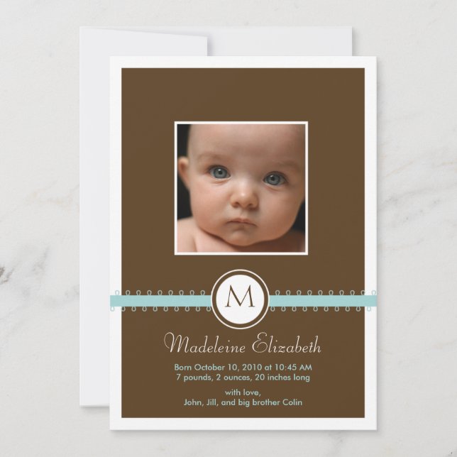 Ruban bleu satin avec Faire-part de naissance Mono (Devant)