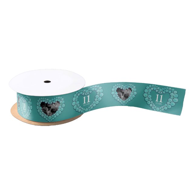 Ruban En Satin 11e anniversaire mariage photo coeur turquoise (Bobine)