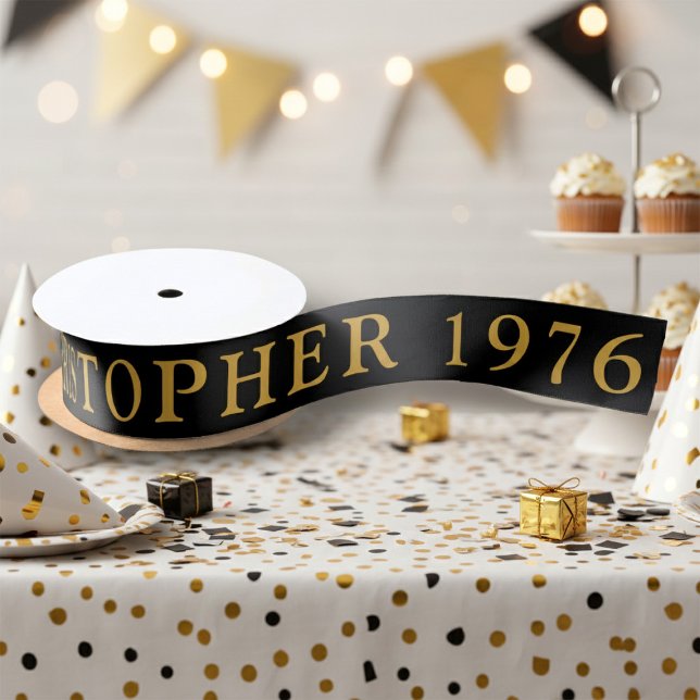 Ruban En Satin 50th Birthday Name 1976 Black Gold Elegant Chic (Born 1976 ribbon.)