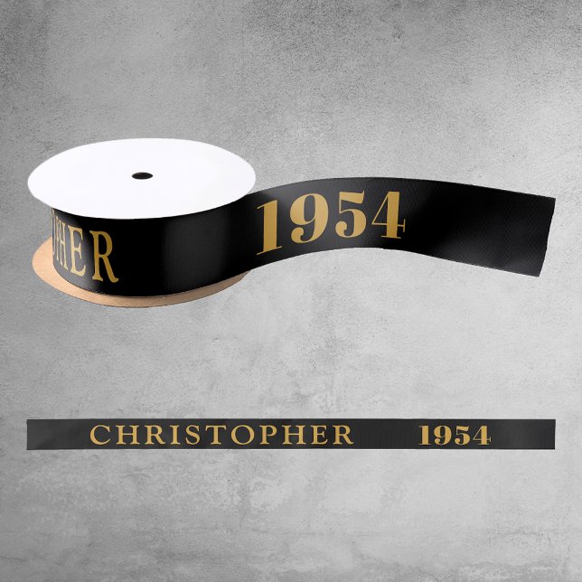 Ruban En Satin 70e anniversaire Nom 1954 Black Gold Elegant Chic (70th Birthday Black Gold Elegant Chic Satin Ribbon Born 1954 - Personalized Celebration Accessory.)