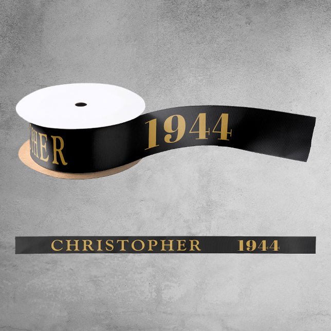 Ruban En Satin 80e anniversaire Nom 1944 Black Gold Elegant Chic (80th Birthday Black Gold Elegant Chic Satin Ribbon Born 1944 - Personalized Celebration Accessory.)