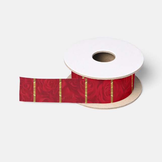 Ruban En Satin Accents or Roses rouges romantiques (Bobine)