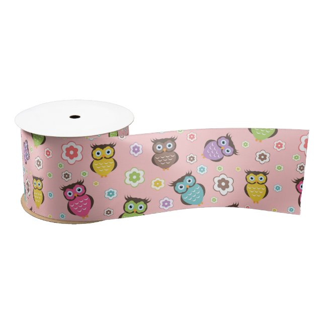 Ruban En Satin Adorable Owl and Floral Design (Bobine)