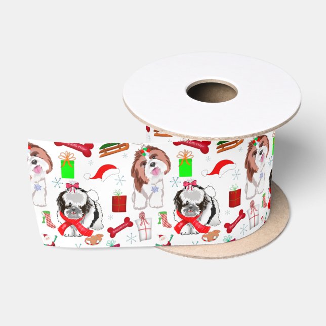 Ruban En Satin Adorable Shih Tzu Noël Motif sans couture (Bobine)