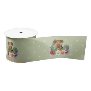 Ruban En Satin Airedale Chien Terrier Avec Fleurs Colorées Vert