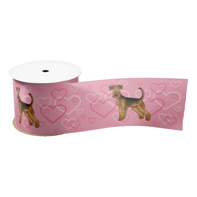 Ruban En Satin Airedale Terrier Chien Aimer Avec Motif Coeur Rose (Bobine)