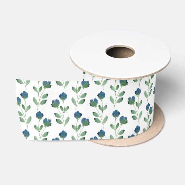 Ruban En Satin Ambiance florale d'Indigo bleu et vert (Bobine)