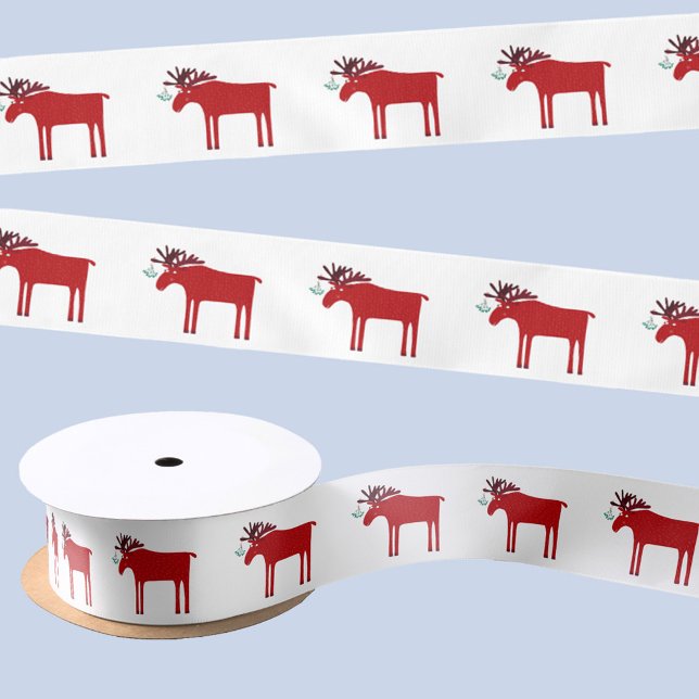 Ruban En Satin Amusant Moose Holiday Rouge et Blanc (Fun moose or elk holiday satin ribbon)