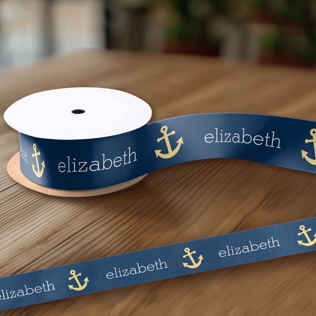 Ruban En Satin Ancre nautique avec Motif de Navy Jaune Chevron (Custom Ribbon on a Roll - Personalize this ribbon with you text)