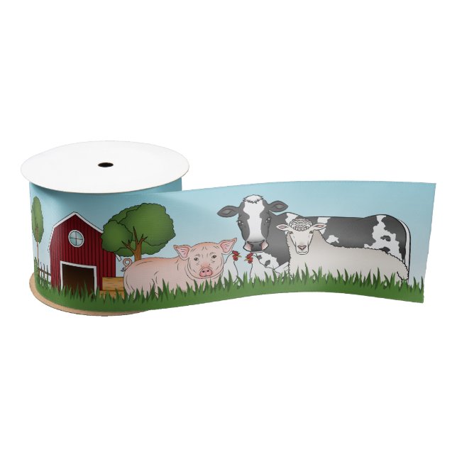 Ruban En Satin Animaux De Ferme De Barnyard Avec Grange Rouge Et  (Bobine)