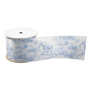 Ruban En Satin Animaux de Safari Toile de Jouy Bleu
