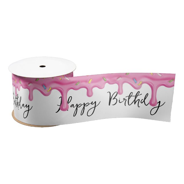Ruban En Satin Anniversaire Déchirant Rosé Glacé Avec Des Saupoud (Bobine)