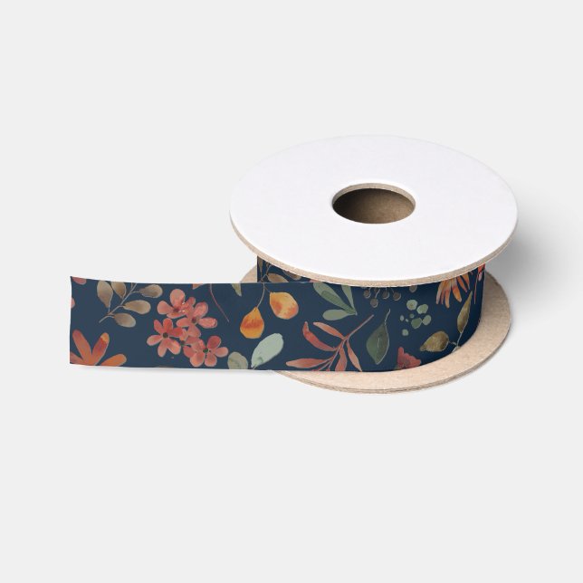 Ruban En Satin Antique aquarelle Imprimer floral sur marine (Bobine)