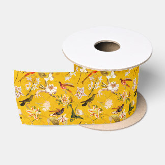Ruban En Satin Antique Tropical Hummingbird Jungle Motif Jaune