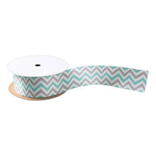 Ruban En Satin Aqua Turquoise Gris Blanc LG Chevron Motif ZigZag