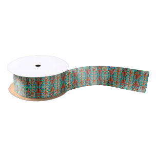 Ruban En Satin Aqua Turquoise Orange Brûlé Taupe Brun Mosaïque Ar