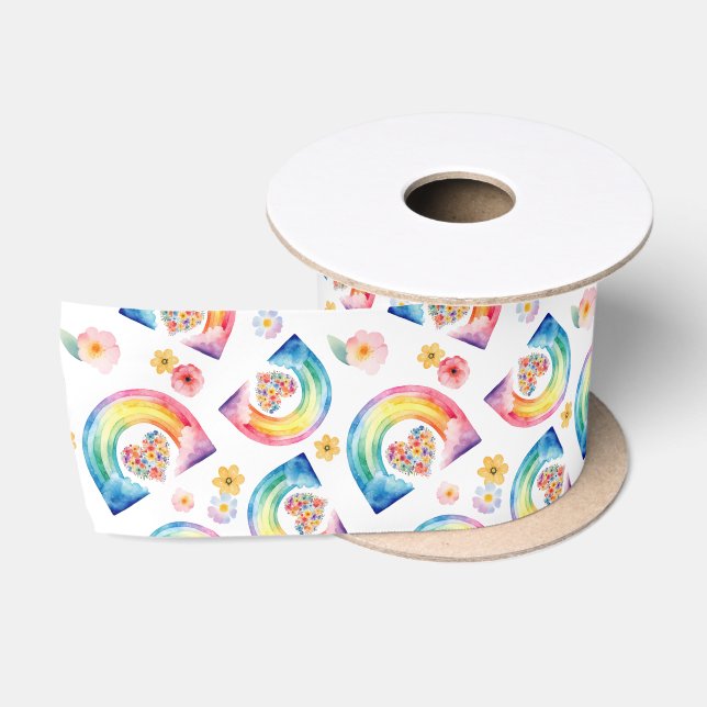 Ruban En Satin Aquarelle Arc-en-ciel Floral Coeur Satin Ruban (Bobine)