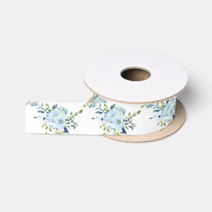 Ruban En Satin Aquarelle bleu blanc brillant Motif floral