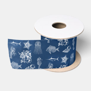 Ruban En Satin Aquarelle bleu marine Océan Animaux marins