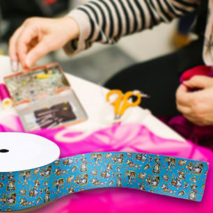 Ruban En Satin Aquarelle bleu vintage Motif lapin de Pâques