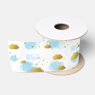 Ruban En Satin Aquarelle bleue Nuages Gold Stars Sky