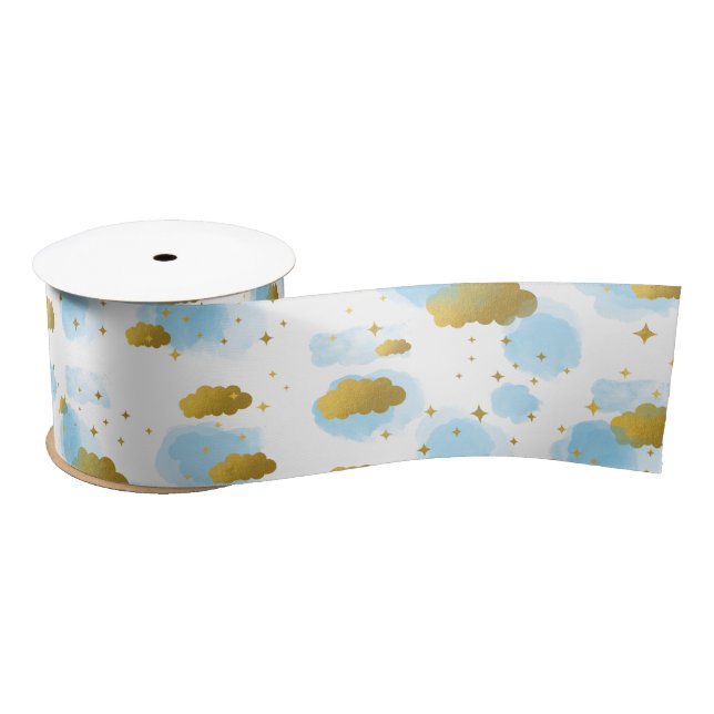Ruban En Satin Aquarelle bleue Nuages Gold Stars Sky (Bobine)