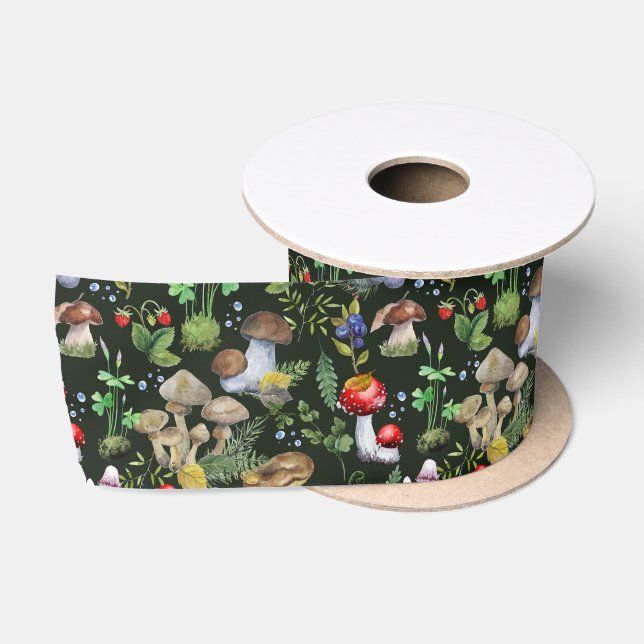 Ruban En Satin Aquarelle Bois Champignons Moss Berries Plantes (Bobine)