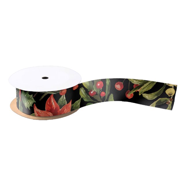 Ruban En Satin Aquarelle de Noël Vert floral (Bobine)