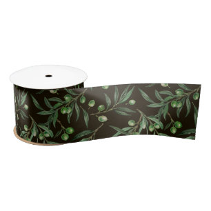 Ruban En Satin Aquarelle des branches d'olive en noir