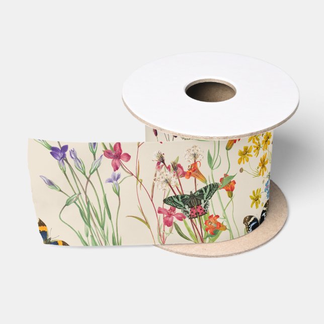 Ruban En Satin Aquarelle Fleurs sauvages & papillons Jardin Flora (Bobine)