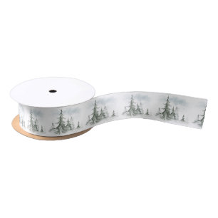 Ruban En Satin Aquarelle Forêt de sapins rustiques hiver