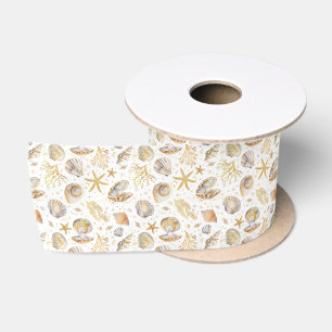 Ruban En Satin Aquarelle Golden Coastal Seashell Motif d'été
