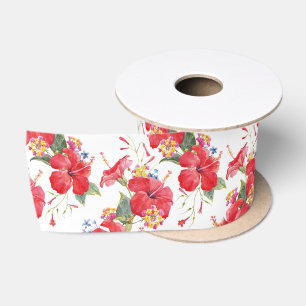 Ruban En Satin Aquarelle Hibiscus et Lantana Motif tropical