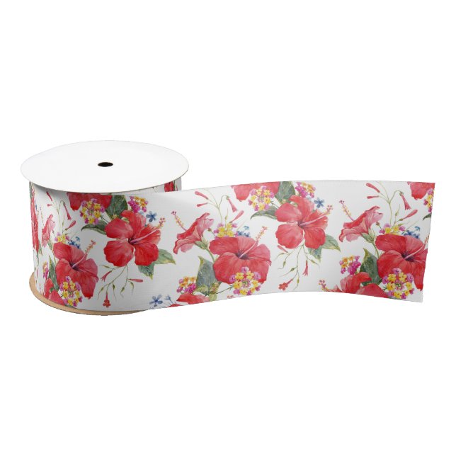 Ruban En Satin Aquarelle Hibiscus et Lantana Motif tropical (Bobine)