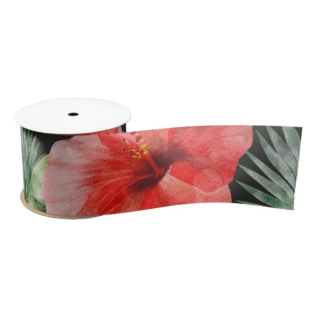 Ruban En Satin Aquarelle Hibiscus rouge et rose Feuilles tropicau (Bobine)