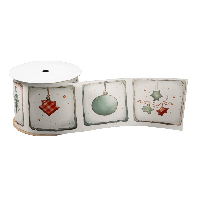 Ruban En Satin Aquarelle Lineart Motif de Noël (Bobine)
