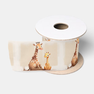 Ruban En Satin Aquarelle mère et bébé Giraffe