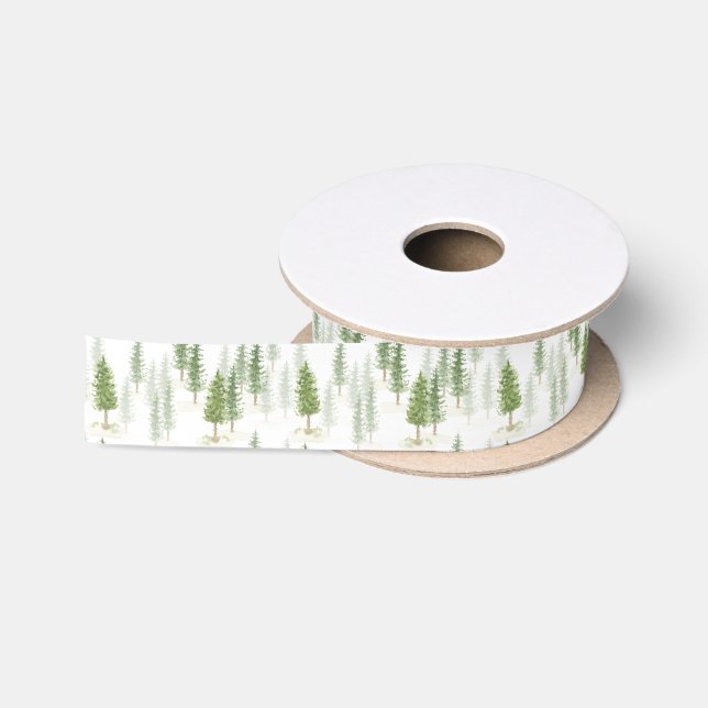 Ruban En Satin Aquarelle moderne Noël Arbres verts (Bobine)