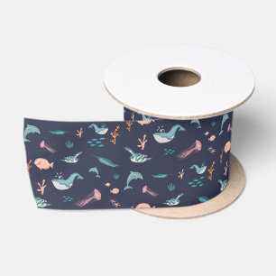 Ruban En Satin Aquarelle Océan Sea Animaux Motif bleu