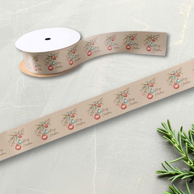 Ruban En Satin Aquarelle Ornements Élégant Joyeux Noël (Watercolor ornaments on beige background, Christmas ribbon.)