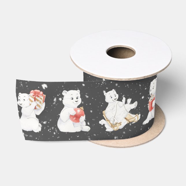 Ruban En Satin Aquarelle Ours Polaires Dans Les Snowflakes (Bobine)