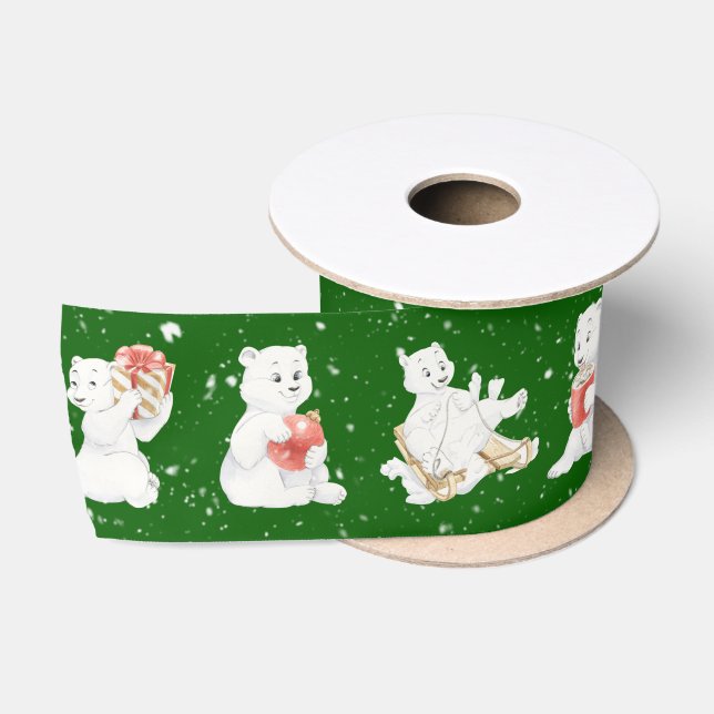Ruban En Satin Aquarelle Ours Polaires Dans Les Snowflakes (Bobine)