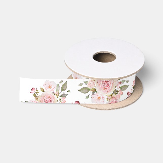 Ruban En Satin Aquarelle Rose Fleurs Motif Floral (Bobine)