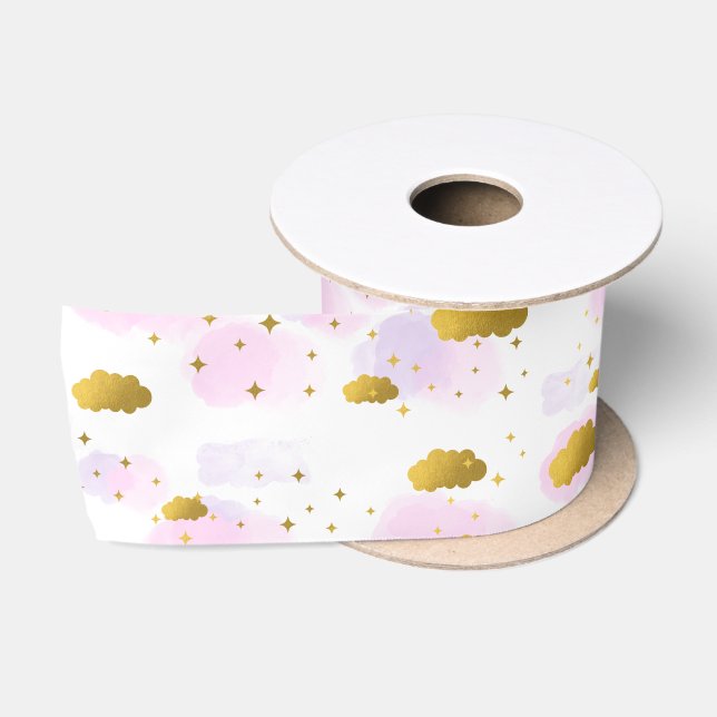 Ruban En Satin Aquarelle rose Nuages Gold Stars Sky (Bobine)