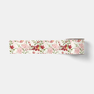 Ruban En Satin Aquarelle Rose Pâle et Rouge Rubis Floral Romantiq